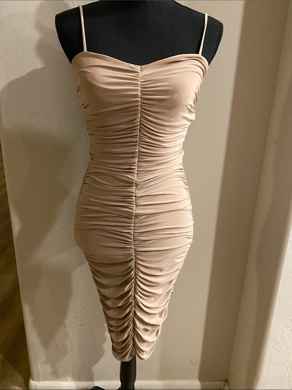 Windsor Ruched Spaghetti-Strap Midi Dress in Beige